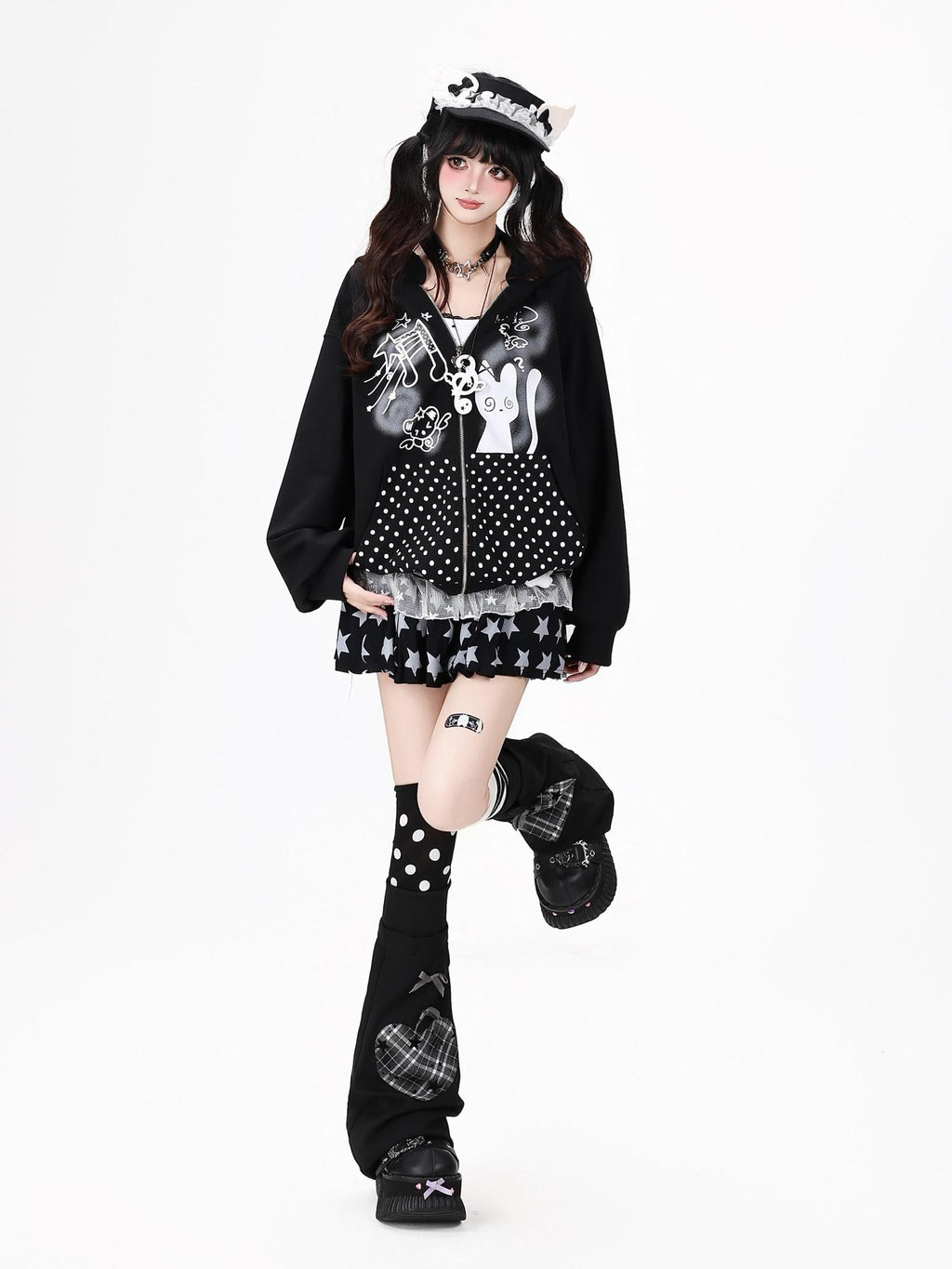 CRAZYGIRL Black White Polka Dot Ruffle Cat Zip Pocket Hooded Women's Hoodies