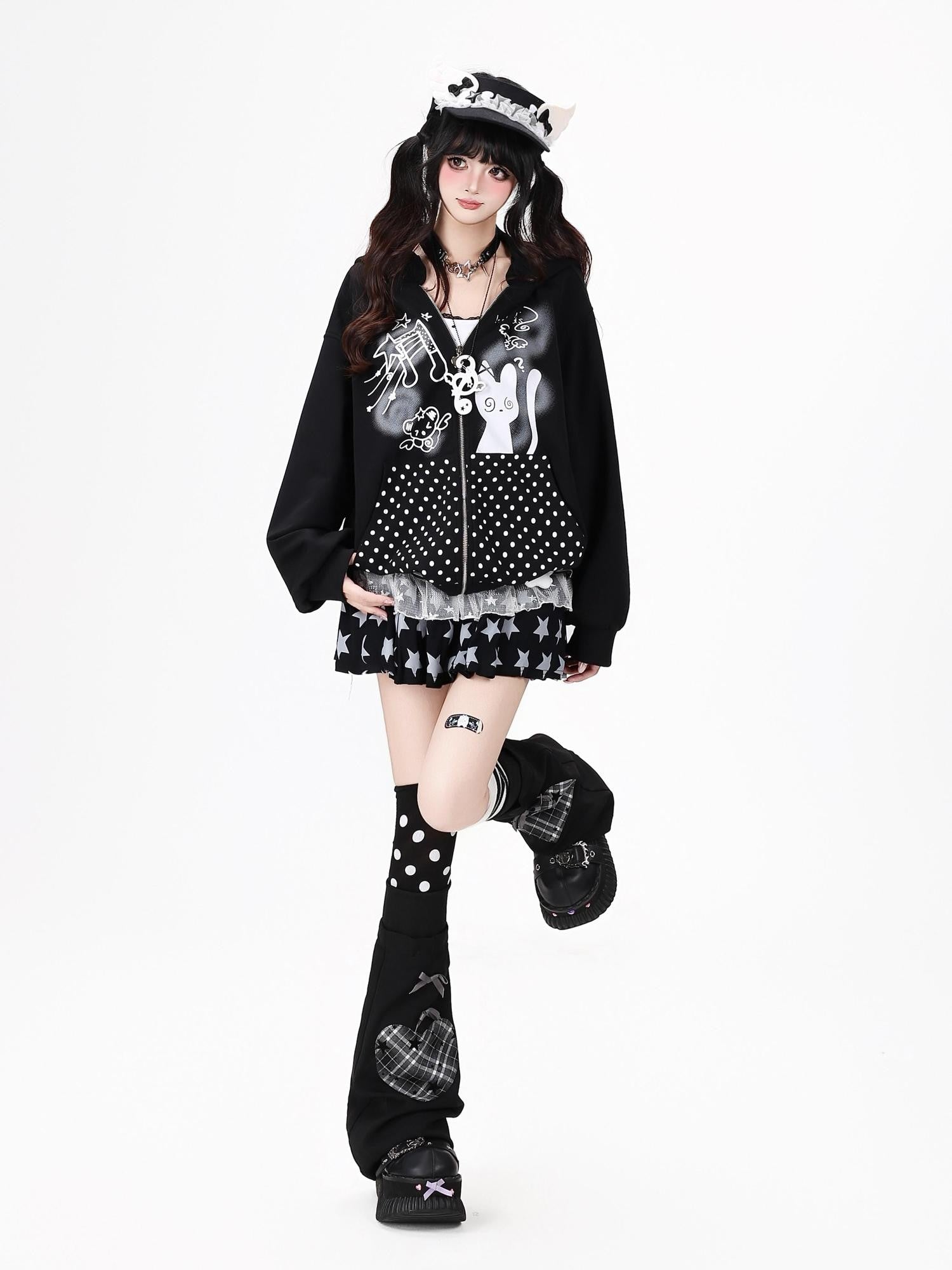 CRAZYGIRL Black White Polka Dot Ruffle Cat Zip Pocket Hooded Women's Hoodies