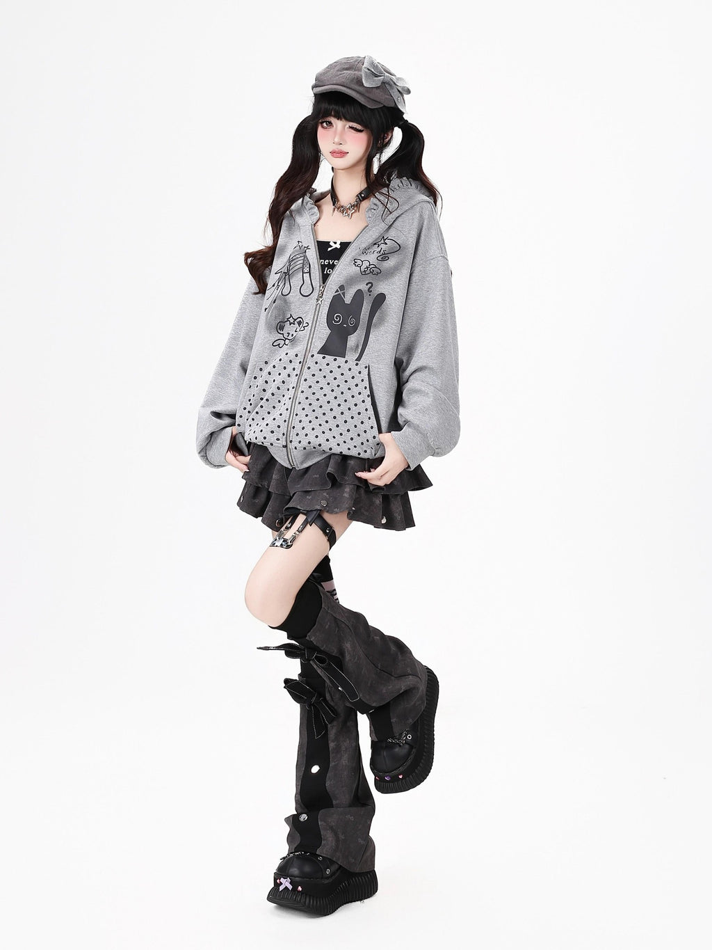 CRAZYGIRL Black White Polka Dot Ruffle Cat Zip Pocket Hooded Women's Hoodies
