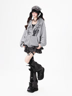 CRAZYGIRL Black White Polka Dot Ruffle Cat Zip Pocket Hooded Women's Hoodies