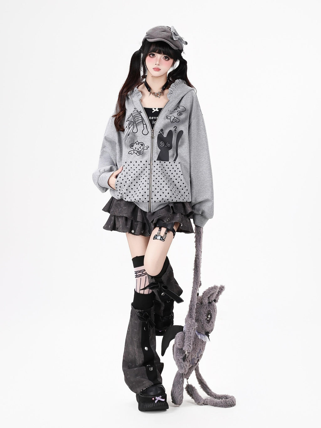 CRAZYGIRL Black White Polka Dot Ruffle Cat Zip Pocket Hooded Women's Hoodies