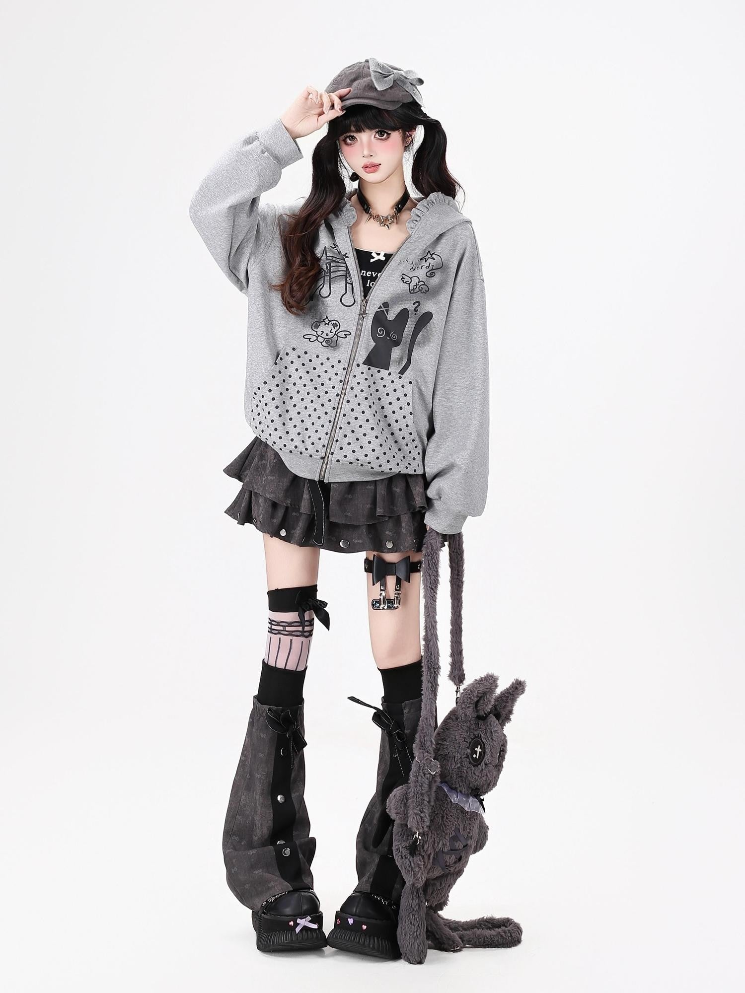 CRAZYGIRL Black White Polka Dot Ruffle Cat Zip Pocket Hooded Women's Hoodies