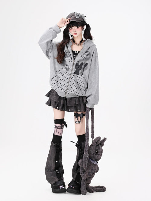 CRAZYGIRL Black White Polka Dot Ruffle Cat Zip Pocket Hooded Women's Hoodies