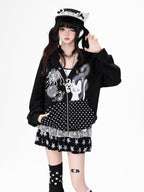 CRAZYGIRL Black White Polka Dot Ruffle Cat Zip Pocket Hooded Women's Hoodies