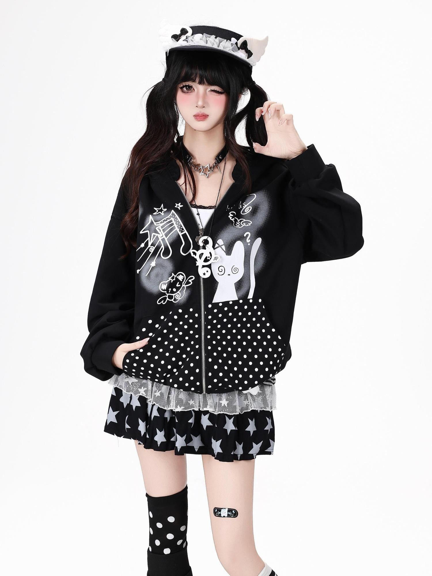 CRAZYGIRL Black White Polka Dot Ruffle Cat Zip Pocket Hooded Women's Hoodies