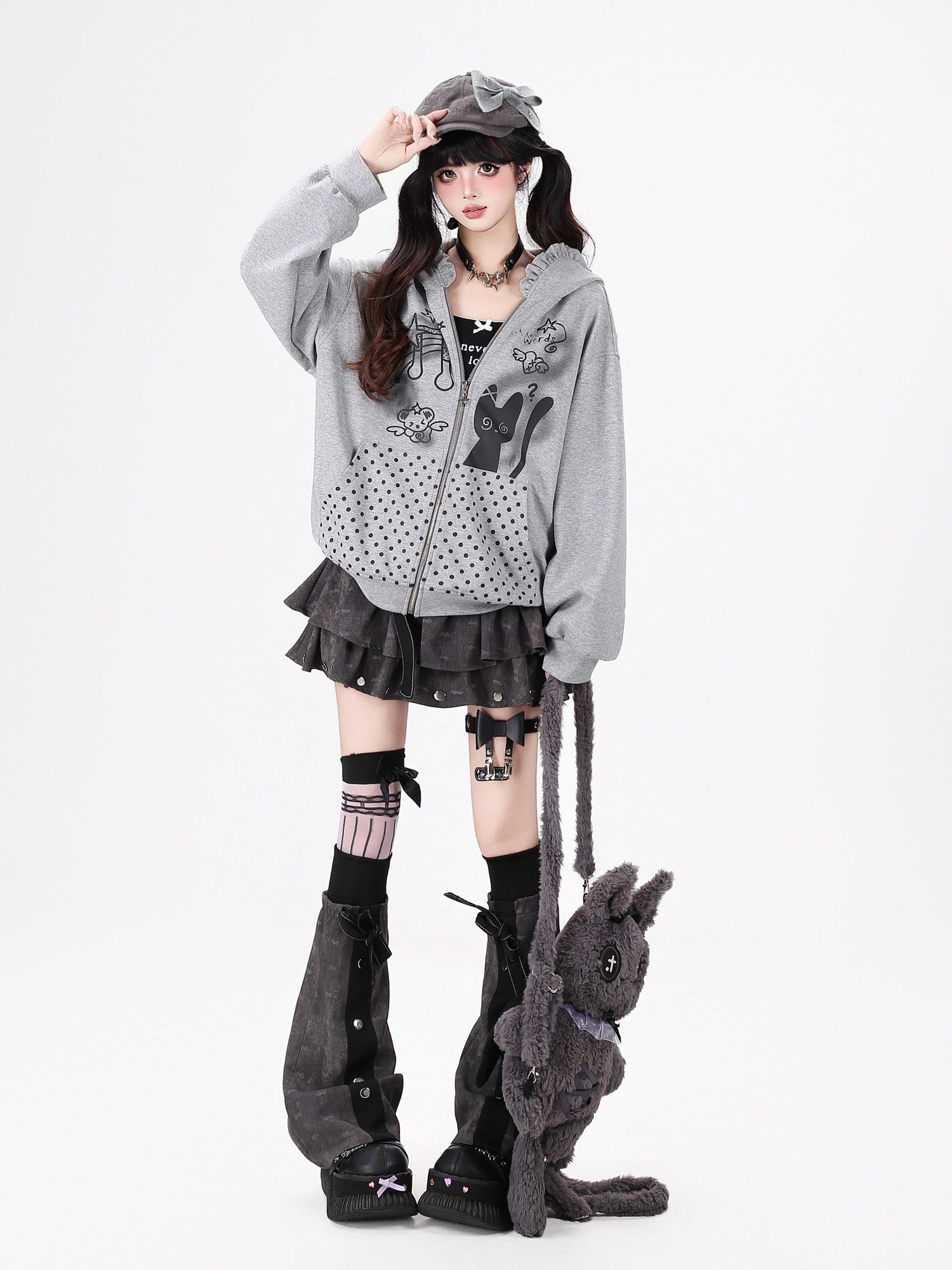 CRAZYGIRL Black White Polka Dot Ruffle Cat Zip Pocket Hooded Women's Hoodies