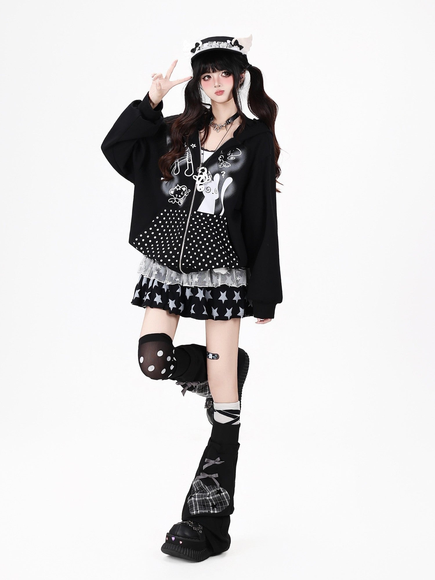 CRAZYGIRL Black White Polka Dot Ruffle Cat Zip Pocket Hooded Women's Hoodies
