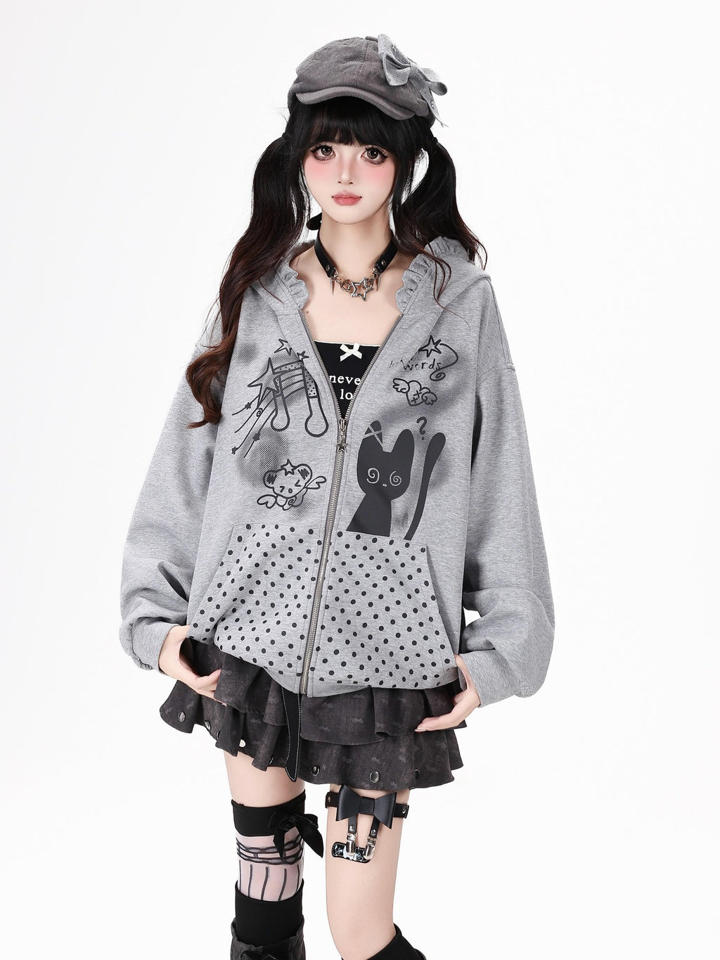 CRAZYGIRL Black White Polka Dot Ruffle Cat Zip Pocket Hooded Women's Hoodies