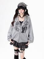CRAZYGIRL Black White Polka Dot Ruffle Cat Zip Pocket Hooded Women's Hoodies