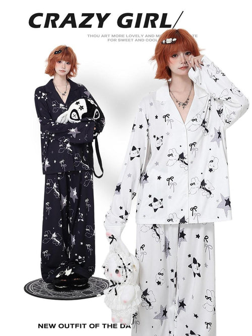 CRAZYGIRL Black White Rabbit Print Lapel Button Front Women's Ice Silk Top & Pants Sets