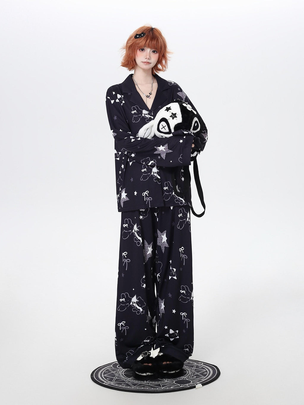 CRAZYGIRL Black White Rabbit Print Lapel Button Front Women's Ice Silk Top & Pants Sets