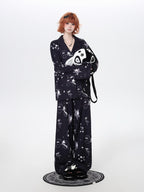 CRAZYGIRL Black White Rabbit Print Lapel Button Front Women's Ice Silk Top & Pants Sets
