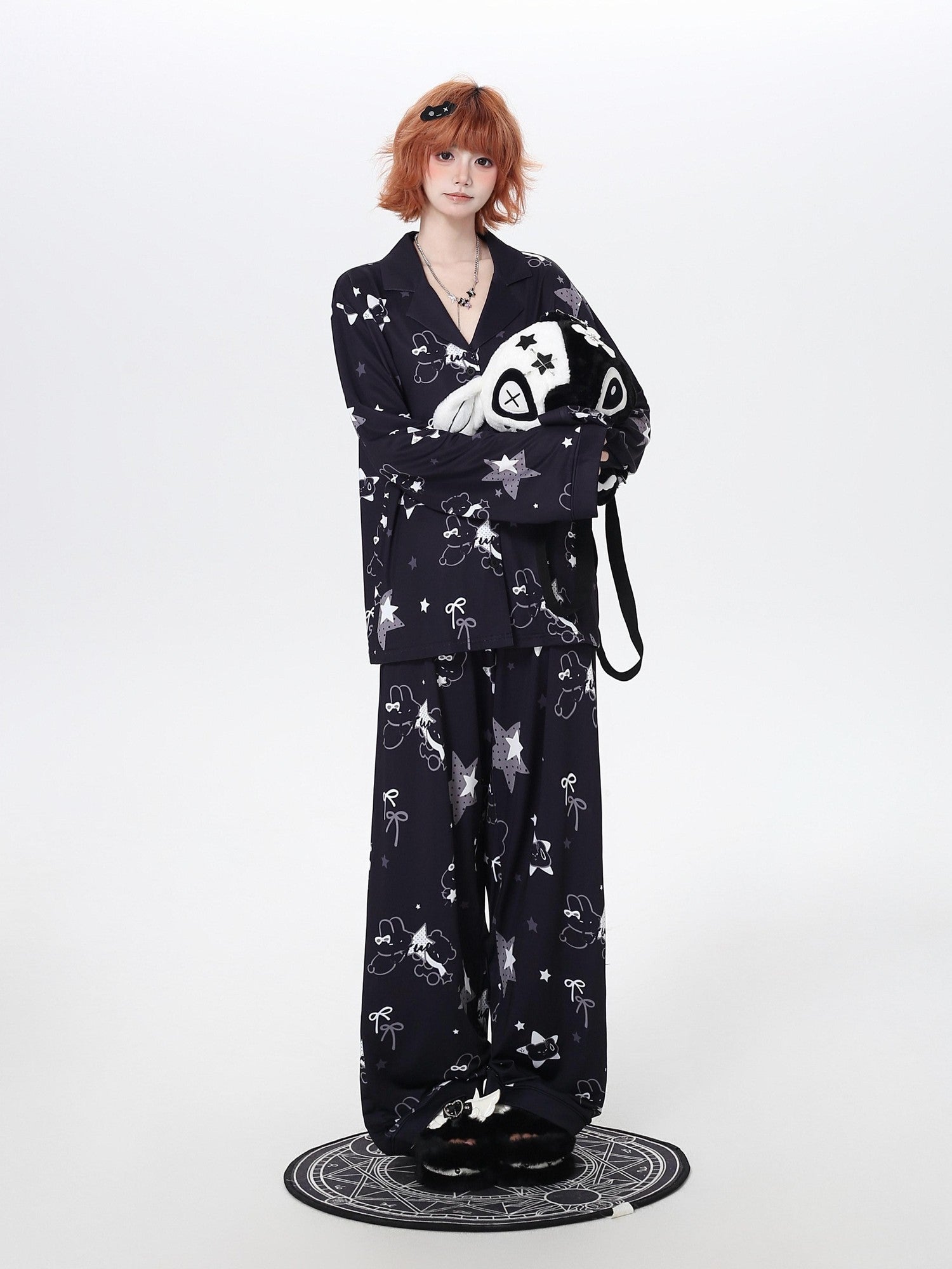 CRAZYGIRL Black White Rabbit Print Lapel Button Front Women's Ice Silk Top & Pants Sets
