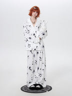 CRAZYGIRL Black White Rabbit Print Lapel Button Front Women's Ice Silk Top & Pants Sets