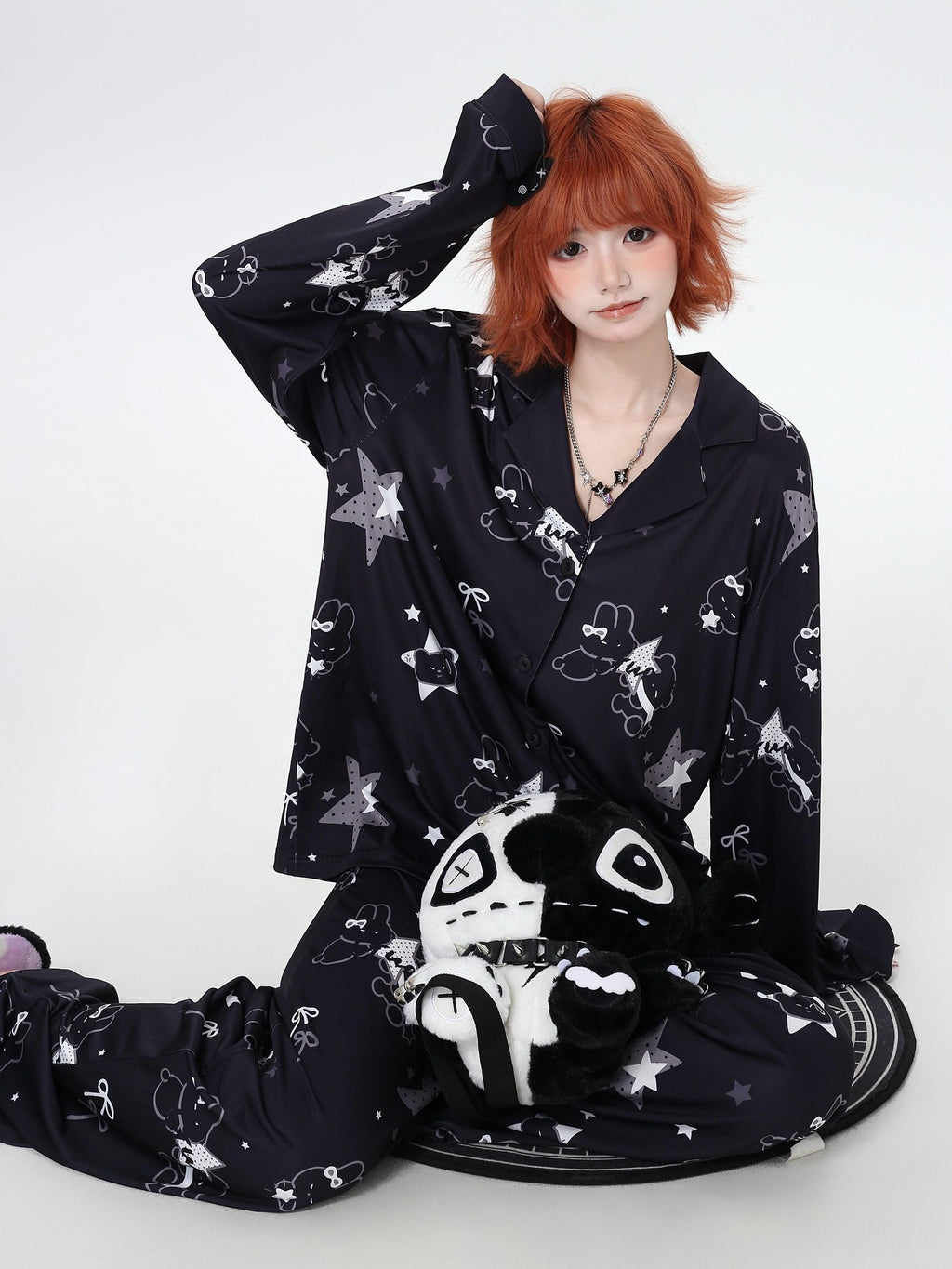 CRAZYGIRL Black White Rabbit Print Lapel Button Front Women's Ice Silk Top & Pants Sets