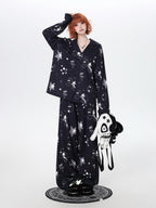 CRAZYGIRL Black White Rabbit Print Lapel Button Front Women's Ice Silk Top & Pants Sets