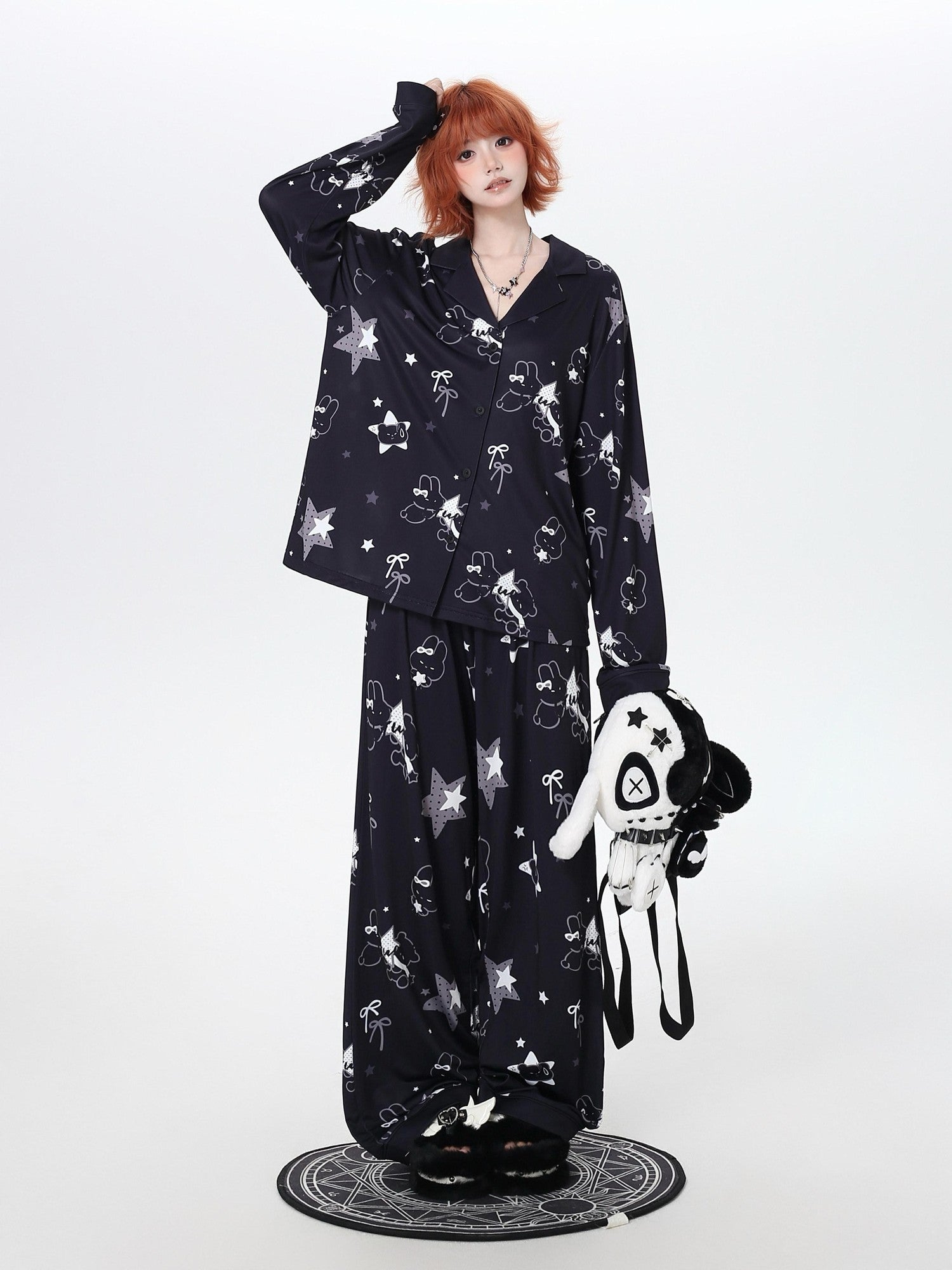 CRAZYGIRL Black White Rabbit Print Lapel Button Front Women's Ice Silk Top & Pants Sets