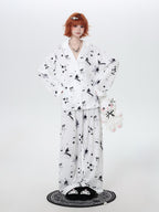 CRAZYGIRL Black White Rabbit Print Lapel Button Front Women's Ice Silk Top & Pants Sets