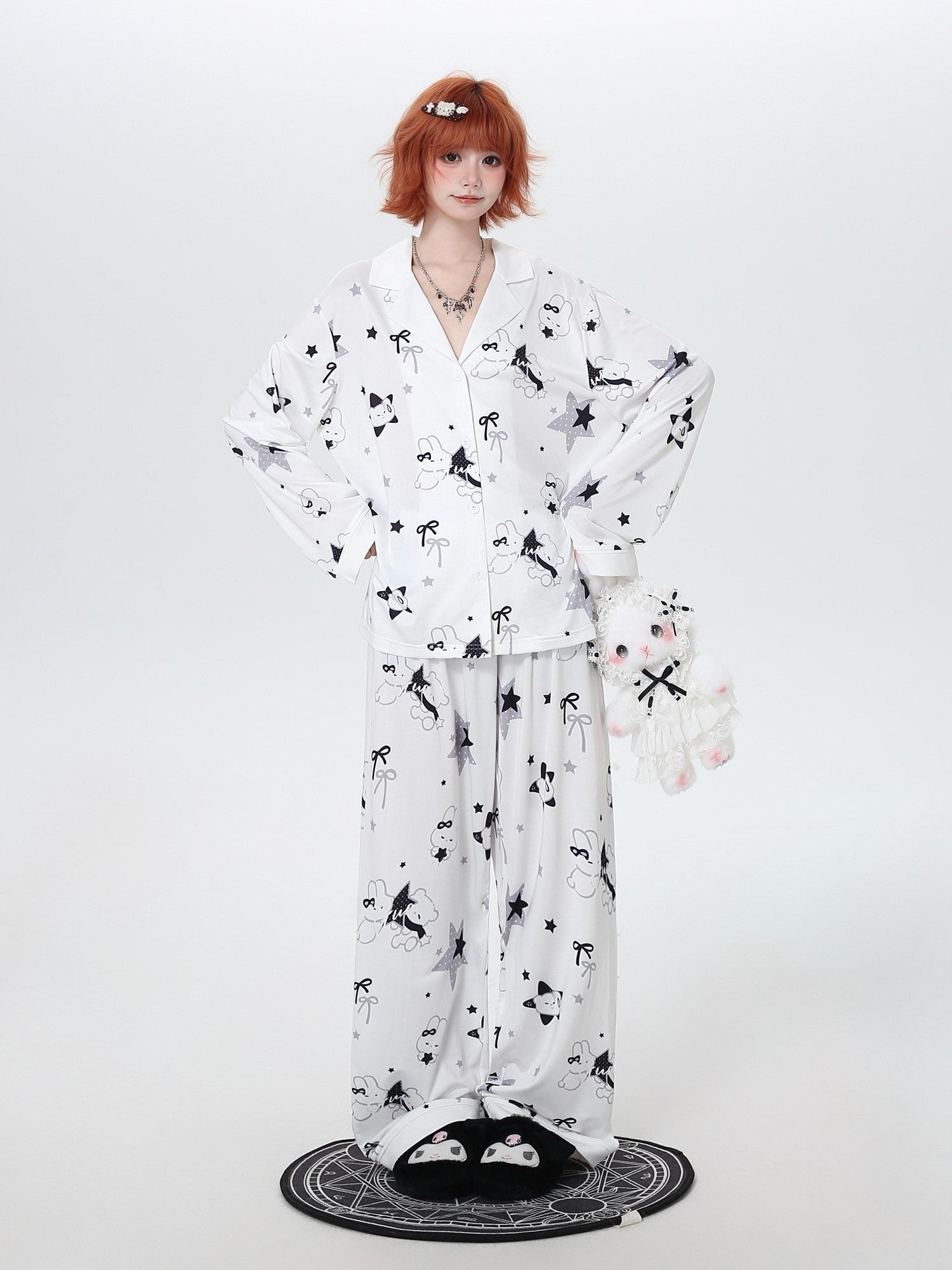 CRAZYGIRL Black White Rabbit Print Lapel Button Front Women's Ice Silk Top & Pants Sets