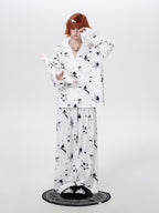 CRAZYGIRL Black White Rabbit Print Lapel Button Front Women's Ice Silk Top & Pants Sets