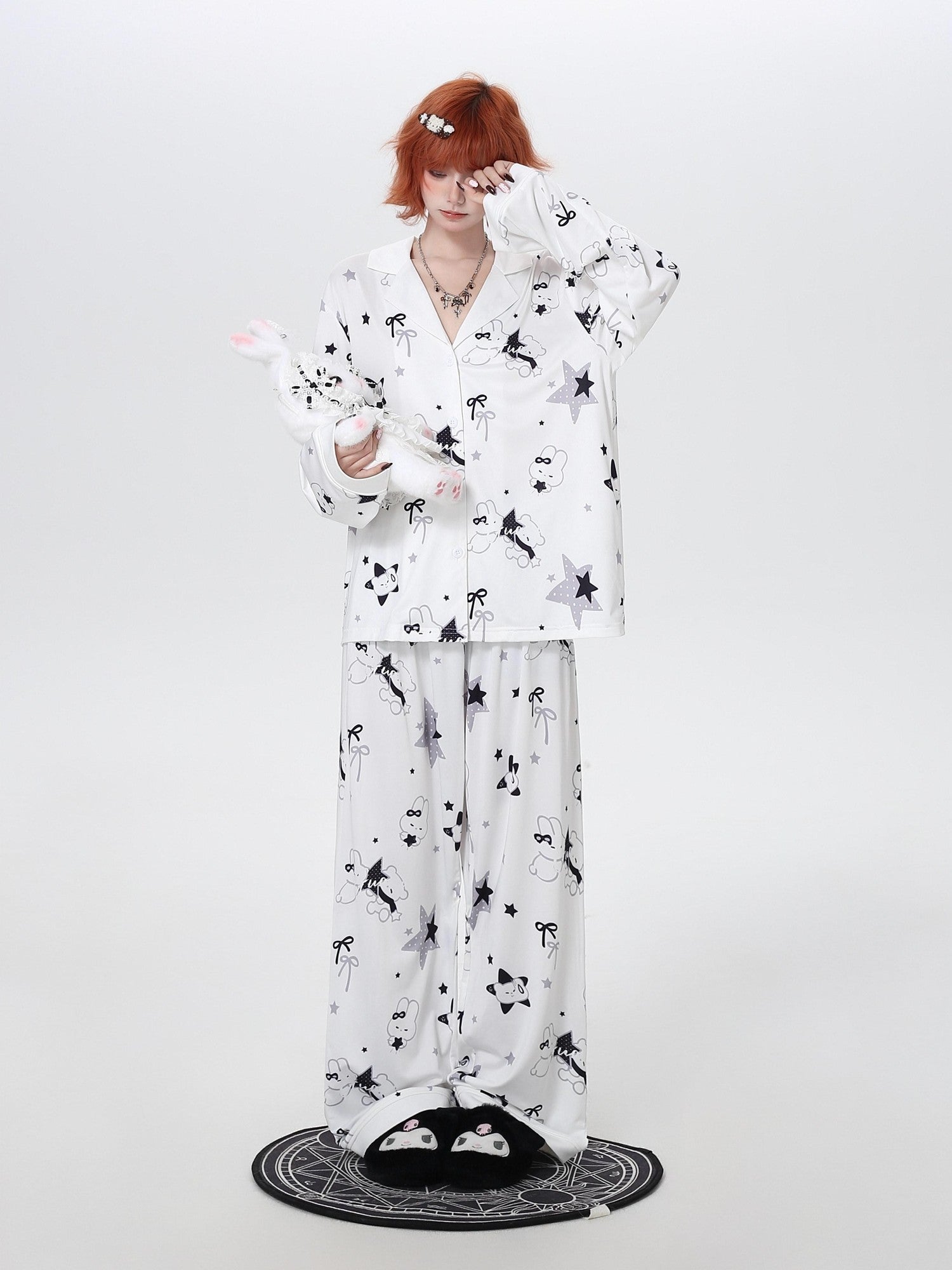 CRAZYGIRL Black White Rabbit Print Lapel Button Front Women's Ice Silk Top & Pants Sets