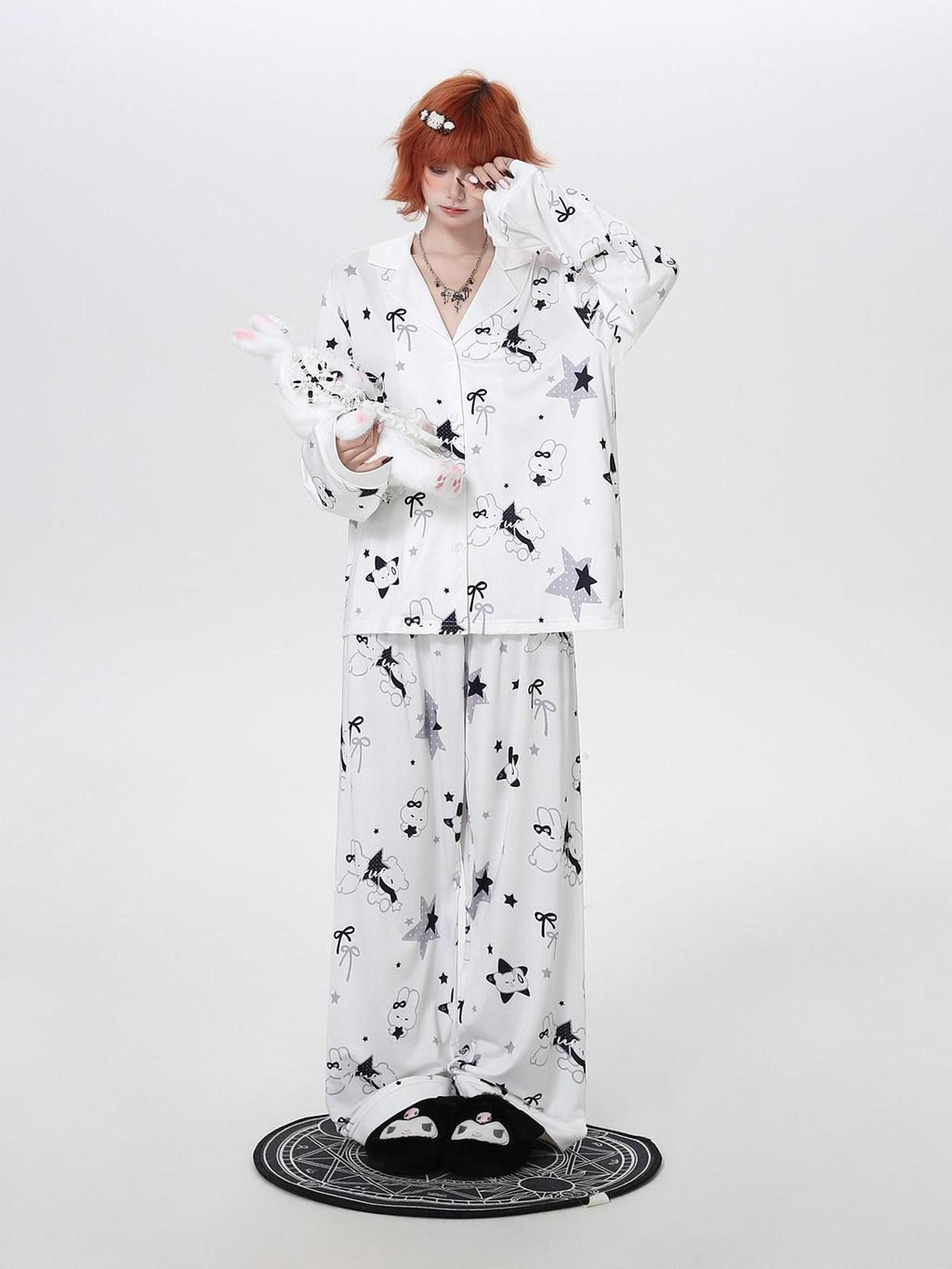 CRAZYGIRL Black White Rabbit Print Lapel Button Front Women's Ice Silk Top & Pants Sets