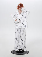 CRAZYGIRL Black White Rabbit Print Lapel Button Front Women's Ice Silk Top & Pants Sets