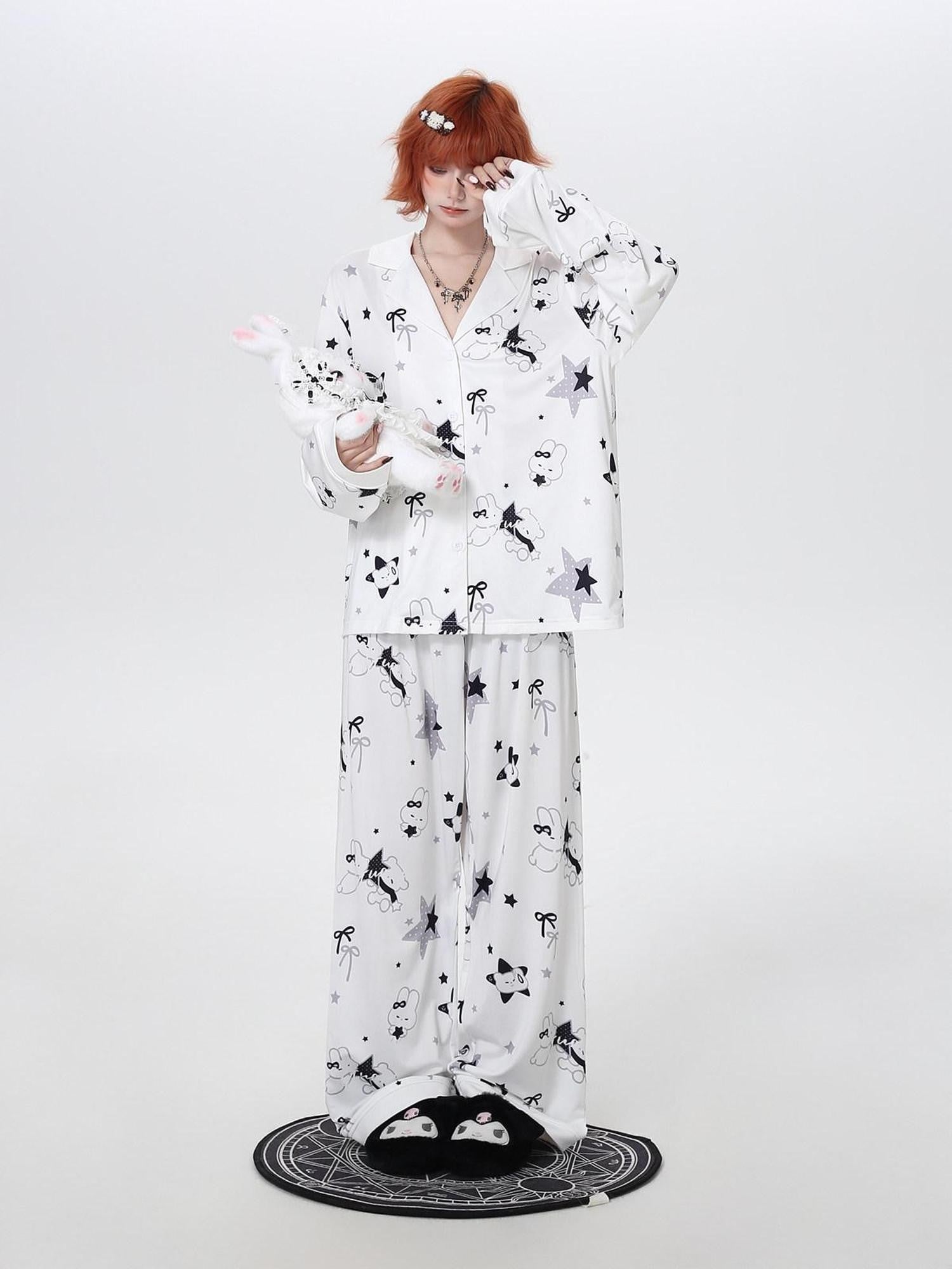 CRAZYGIRL Black White Rabbit Print Lapel Button Front Women's Ice Silk Top & Pants Sets