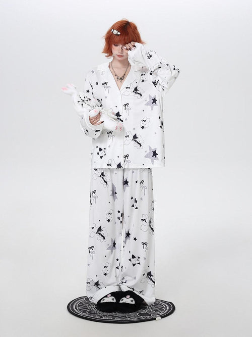 CRAZYGIRL Black White Rabbit Print Lapel Button Front Women's Ice Silk Top & Pants Sets