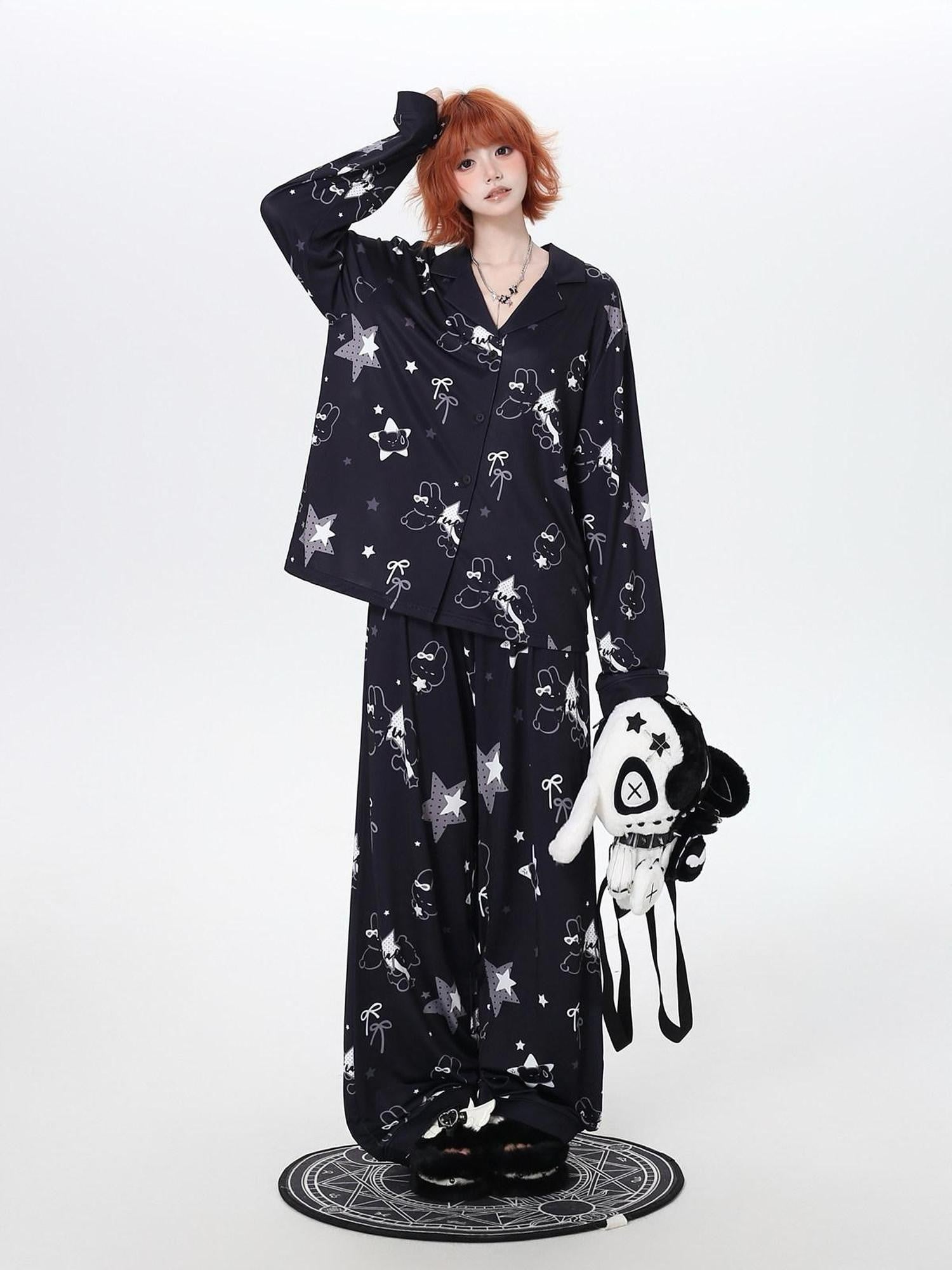 CRAZYGIRL Black White Rabbit Print Lapel Button Front Women's Ice Silk Top & Pants Sets