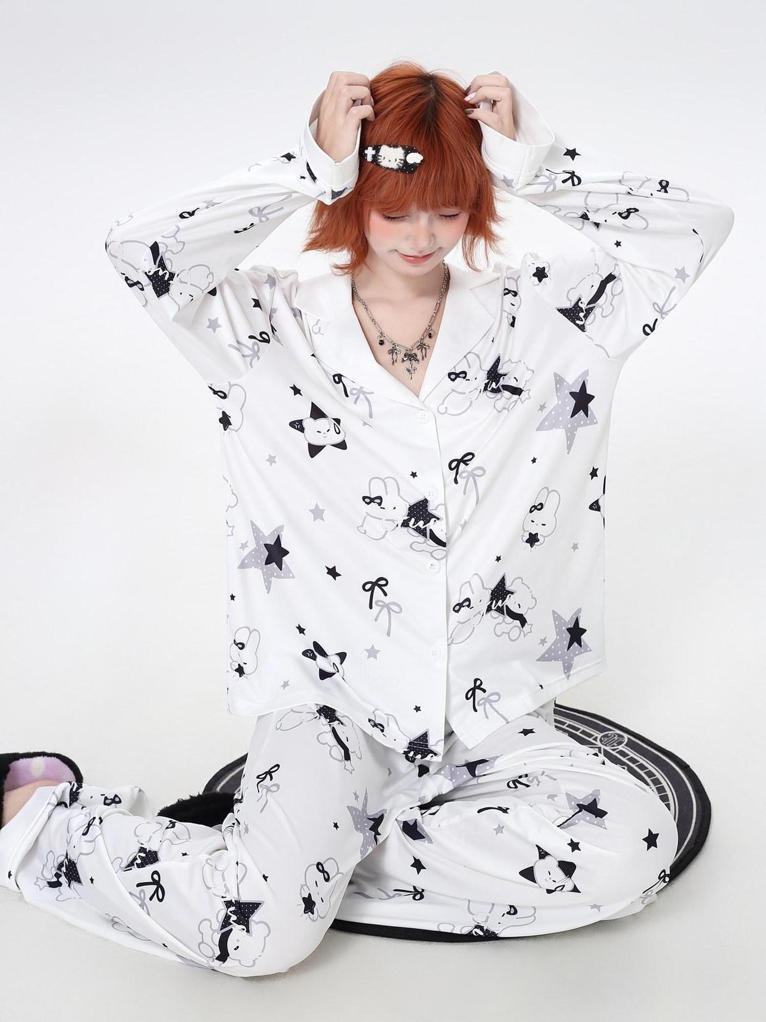 CRAZYGIRL Black White Rabbit Print Lapel Button Front Women's Ice Silk Top & Pants Sets