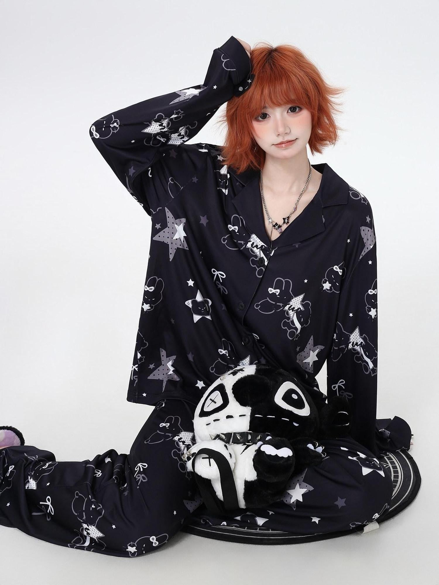 CRAZYGIRL Black White Rabbit Print Lapel Button Front Women's Ice Silk Top & Pants Sets