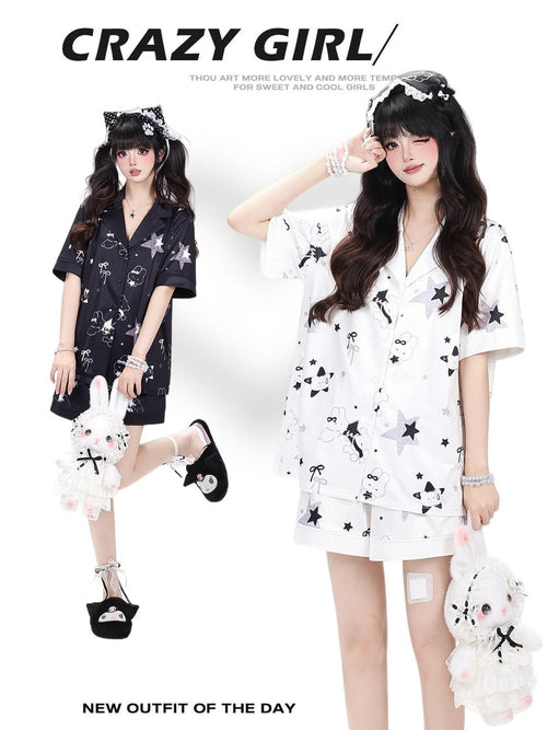 CRAZYGIRL Black White Rabbit Print Turn Down Collar Loose Women's Soft Top & Shorts Sets