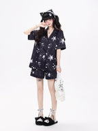 CRAZYGIRL Black White Rabbit Print Turn Down Collar Loose Women's Soft Top & Shorts Sets