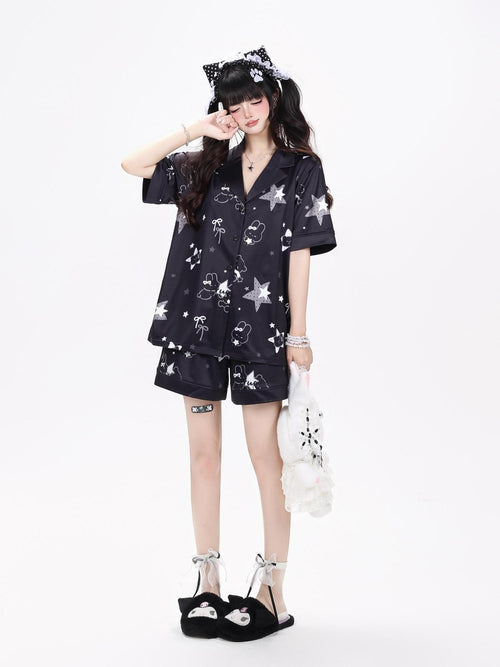 CRAZYGIRL Black White Rabbit Print Turn Down Collar Loose Women's Soft Top & Shorts Sets