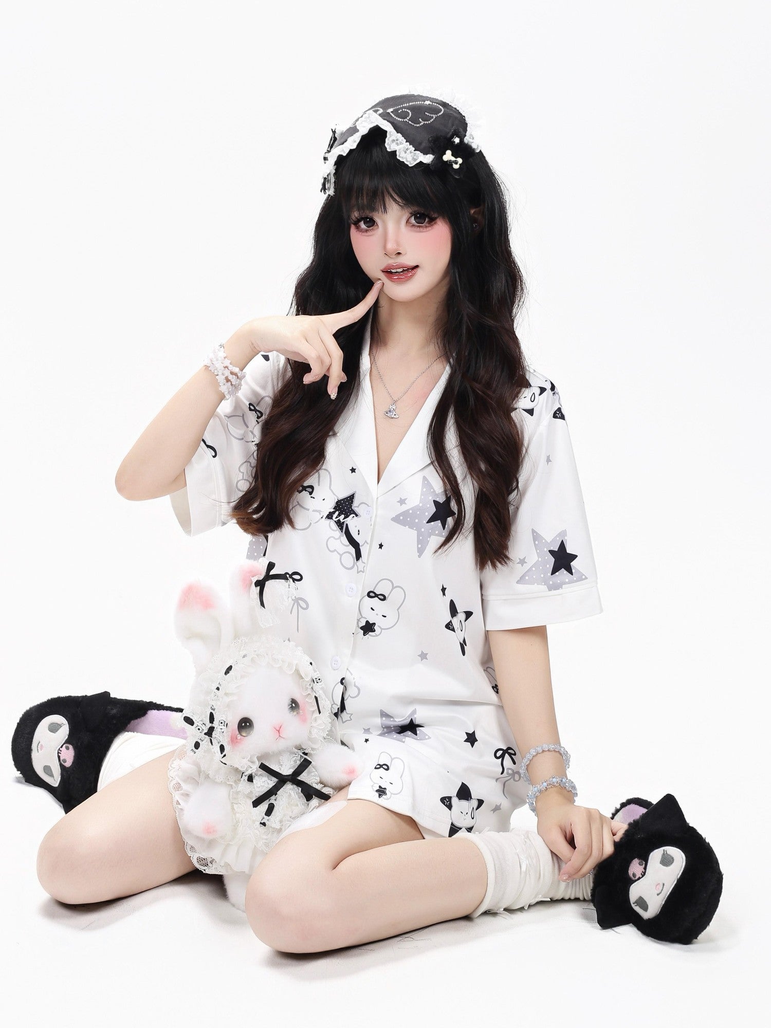 CRAZYGIRL Black White Rabbit Print Turn Down Collar Loose Women's Soft Top & Shorts Sets