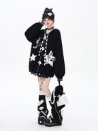 CRAZYGIRL_Black_Wine_Red_Star_Print_Lantern_Sleeve_Loose_Women's_Knit_Cardigans_983940360780_MISSTT