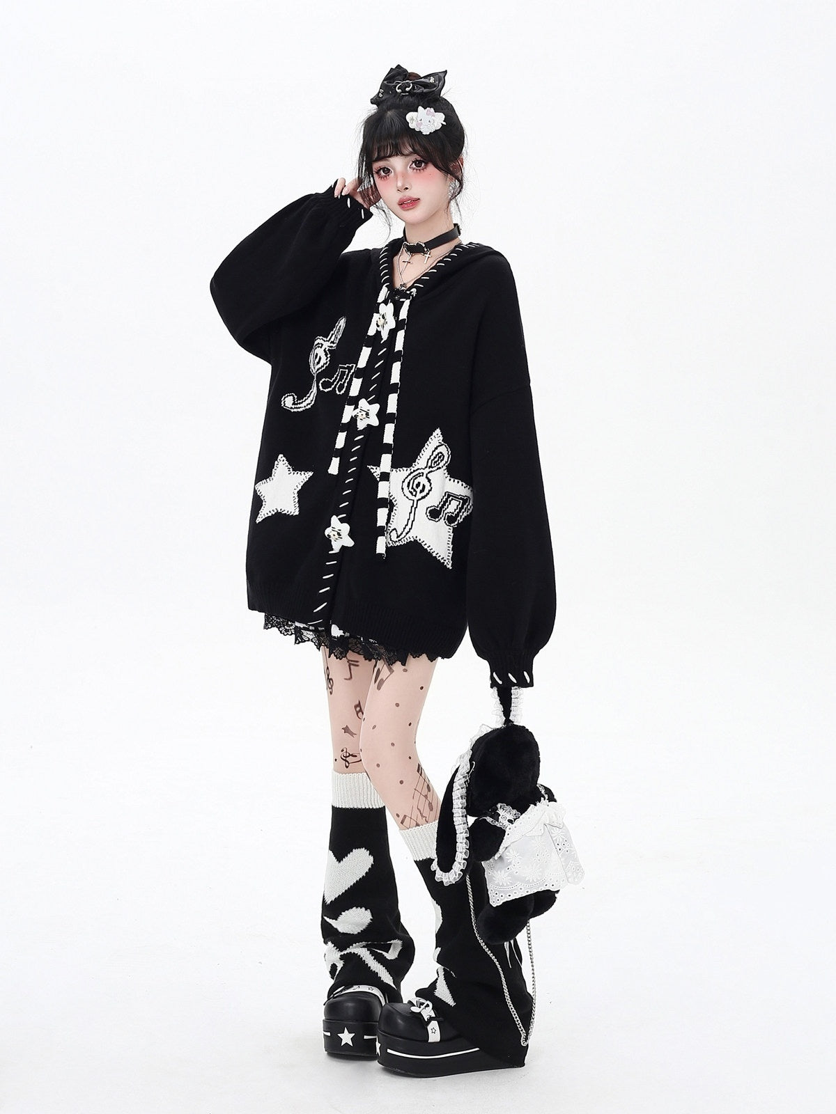 CRAZYGIRL_Black_Wine_Red_Star_Print_Lantern_Sleeve_Loose_Women's_Knit_Cardigans_983940360780_MISSTT