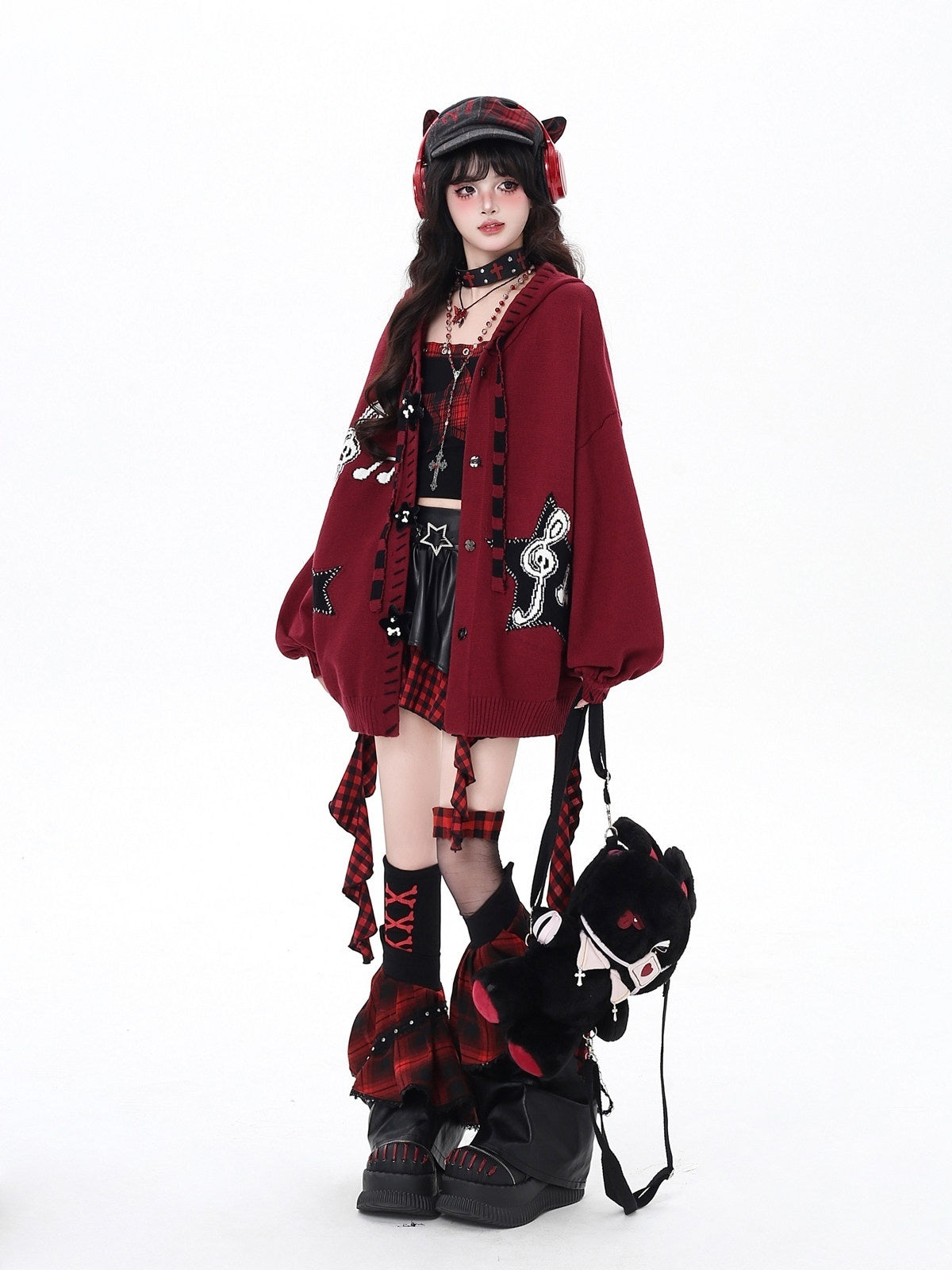 CRAZYGIRL_Black_Wine_Red_Star_Print_Lantern_Sleeve_Loose_Women's_Knit_Cardigans_983940360780_MISSTT