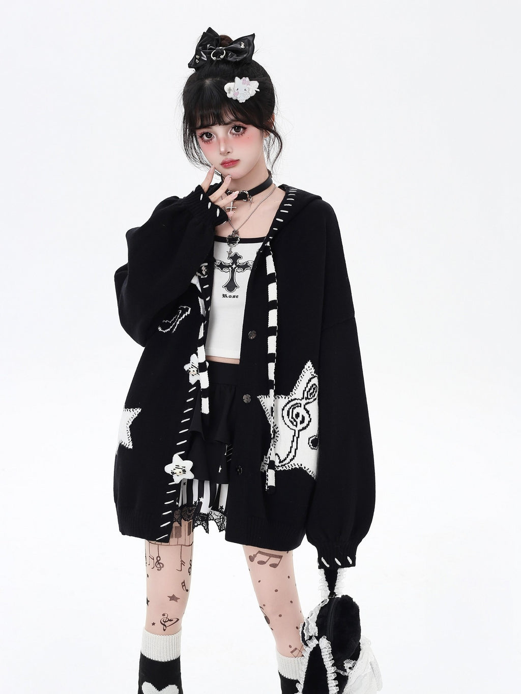 CRAZYGIRL Black Wine Red Star Print Lantern Sleeve Loose Women's Knit Cardigans