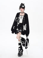CRAZYGIRL Black Wine Red Star Print Lantern Sleeve Loose Women's Knit Cardigans