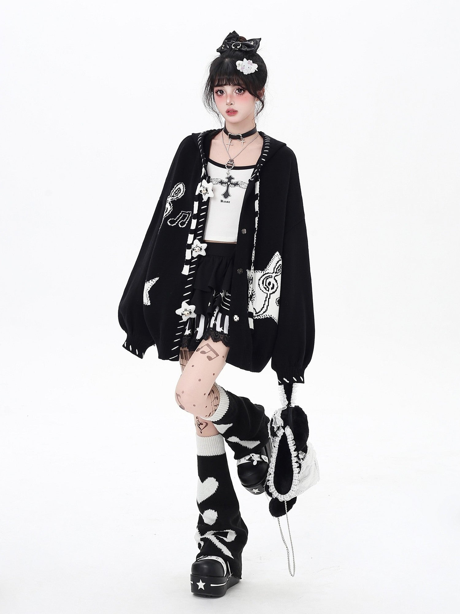 CRAZYGIRL Black Wine Red Star Print Lantern Sleeve Loose Women's Knit Cardigans