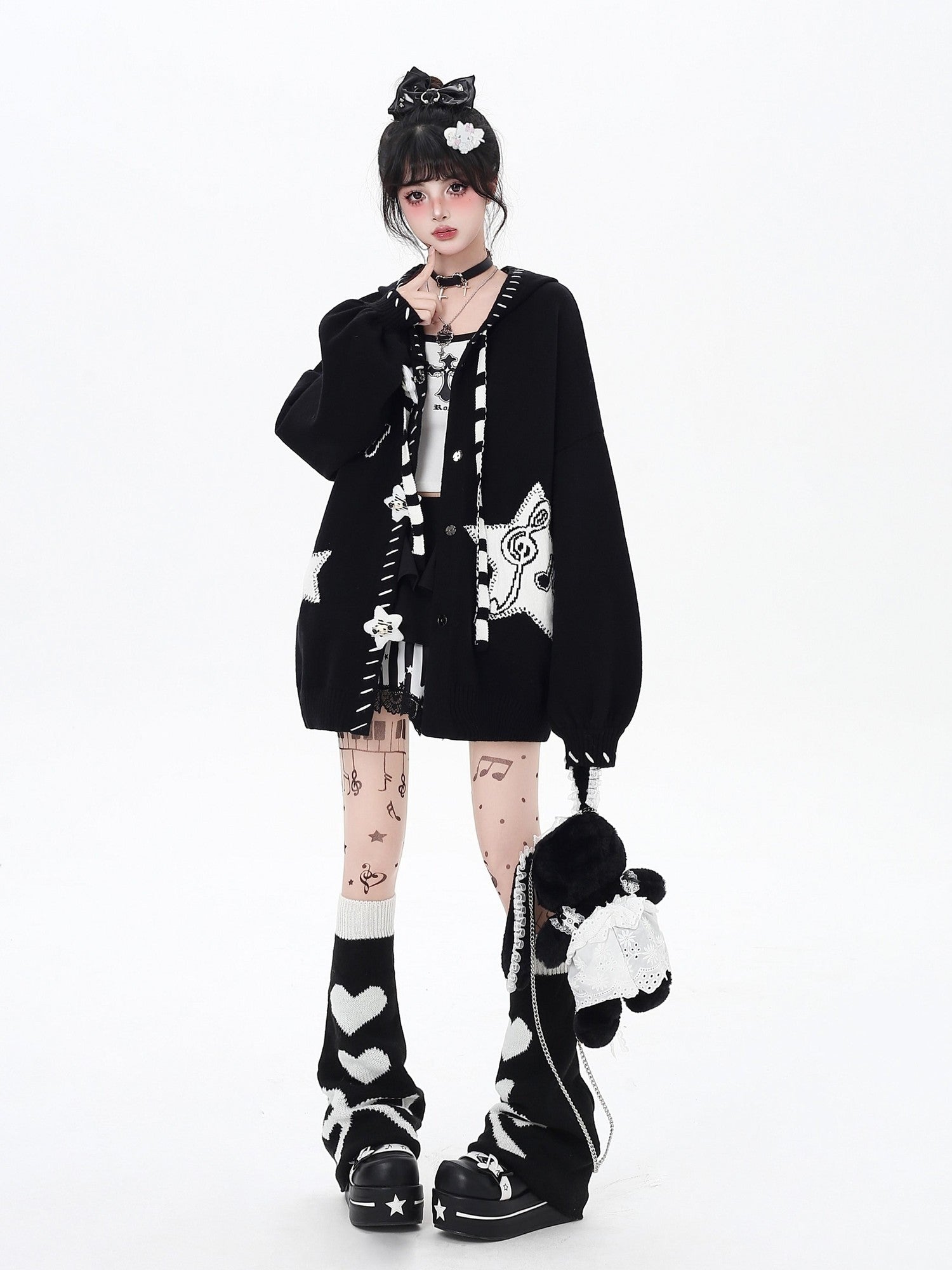 CRAZYGIRL Black Wine Red Star Print Lantern Sleeve Loose Women's Knit Cardigans