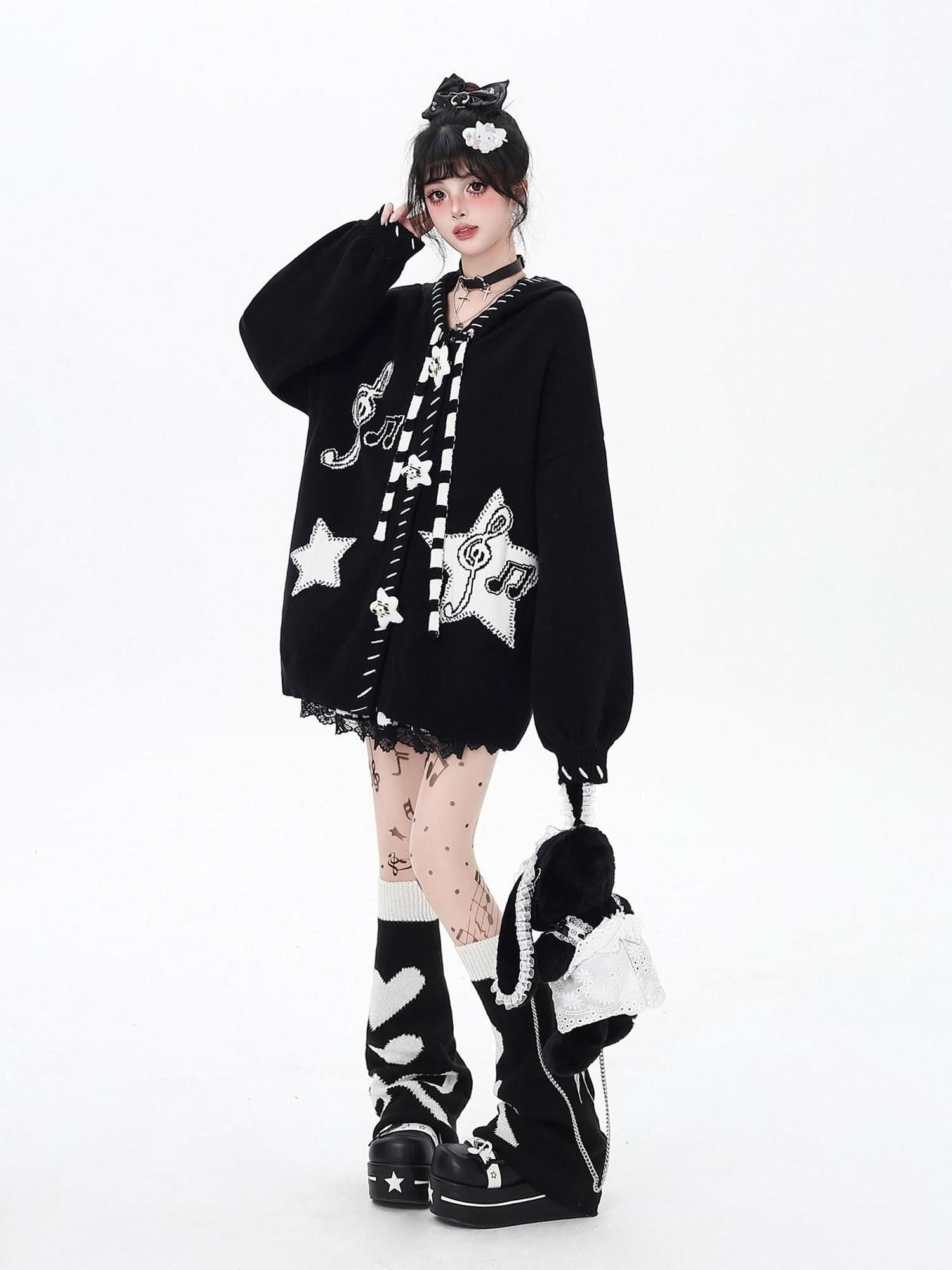CRAZYGIRL Black Wine Red Star Print Lantern Sleeve Loose Women's Knit Cardigans