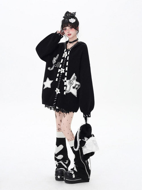 CRAZYGIRL Black Wine Red Star Print Lantern Sleeve Loose Women's Knit Cardigans