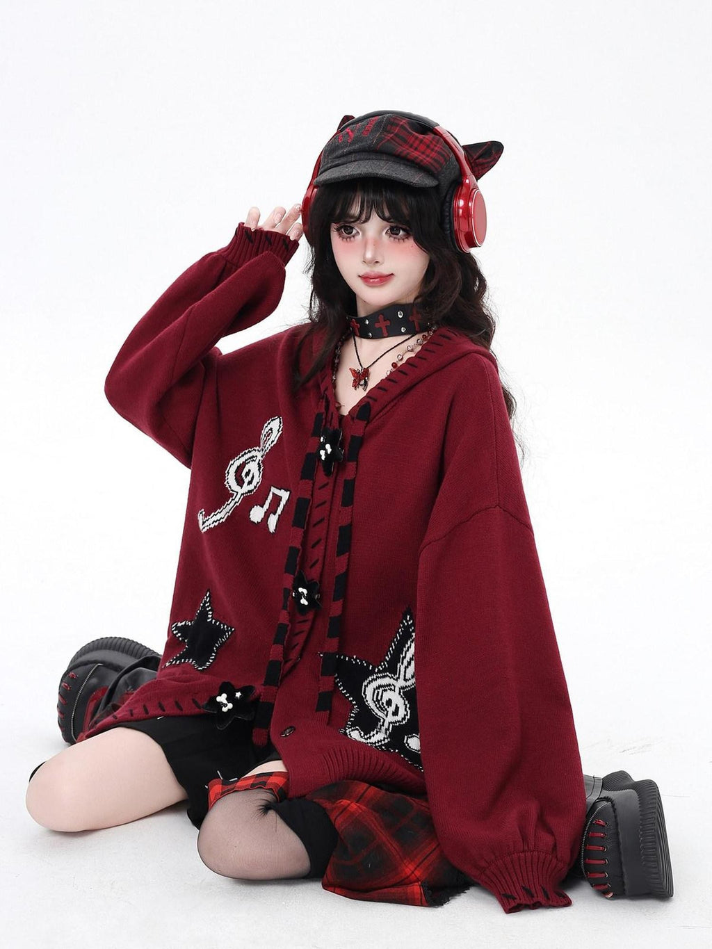 CRAZYGIRL Black Wine Red Star Print Lantern Sleeve Loose Women's Knit Cardigans