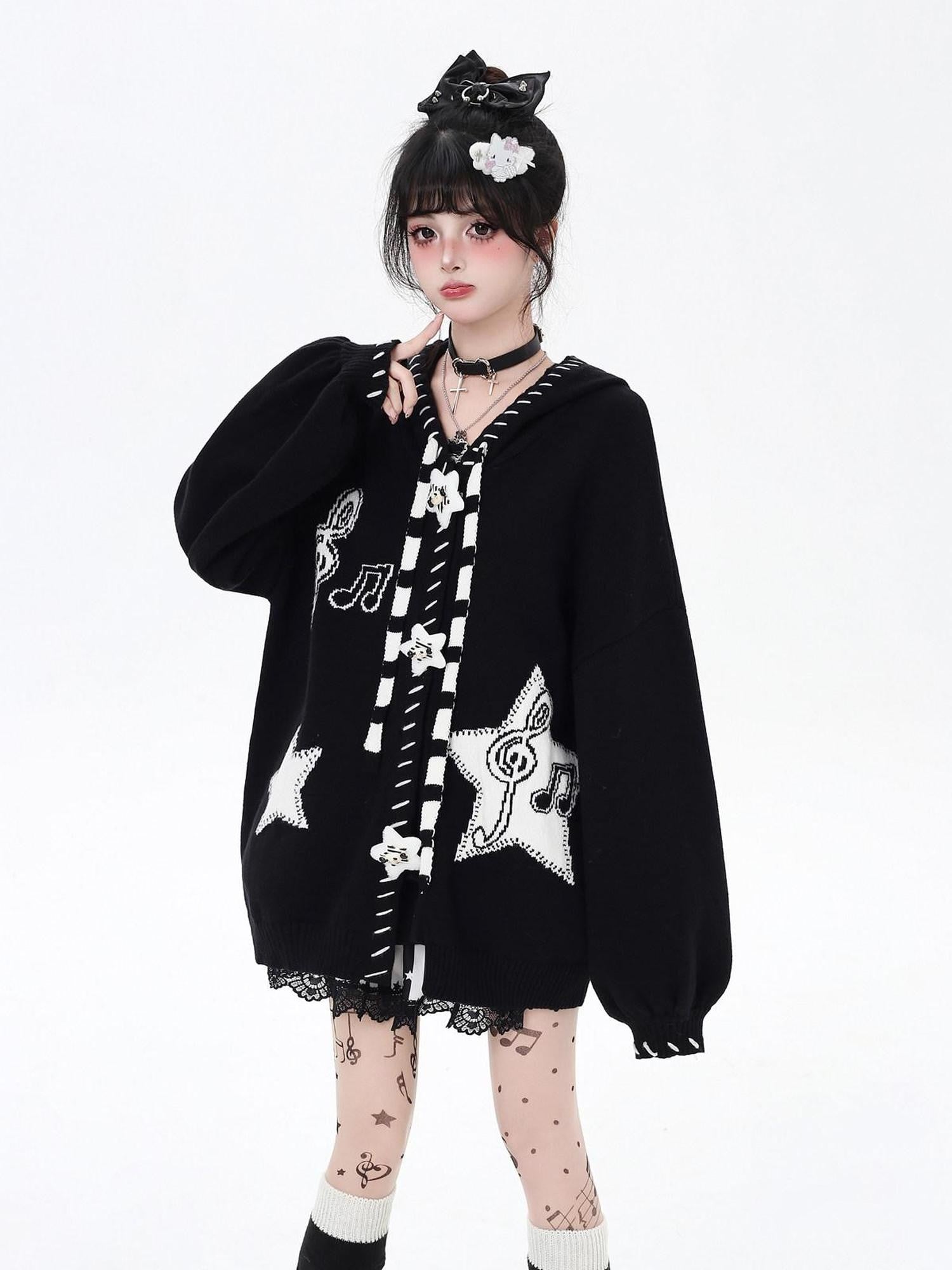 CRAZYGIRL Black Wine Red Star Print Lantern Sleeve Loose Women's Knit Cardigans