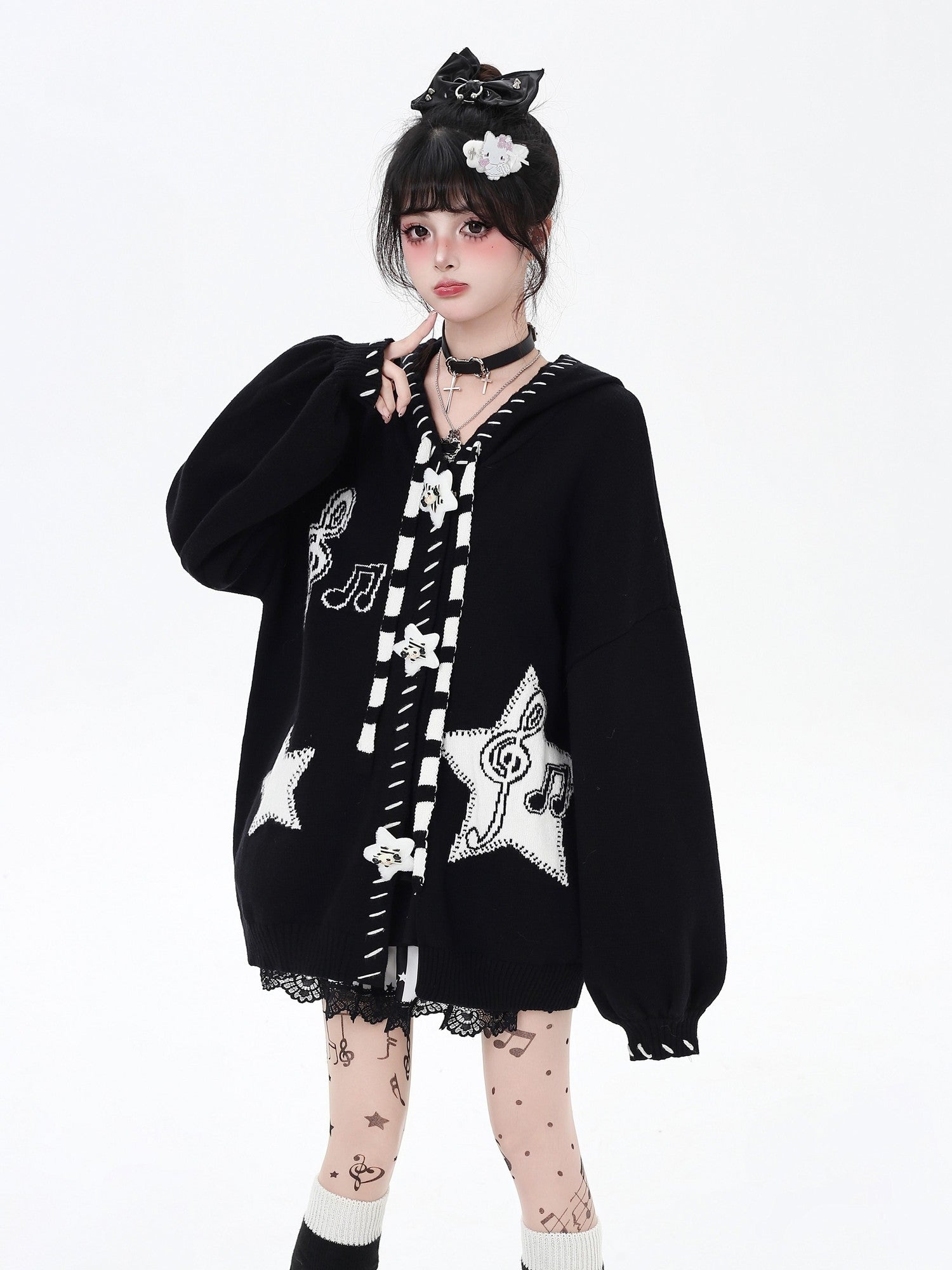 CRAZYGIRL Black Wine Red Star Print Lantern Sleeve Loose Women's Knit Cardigans