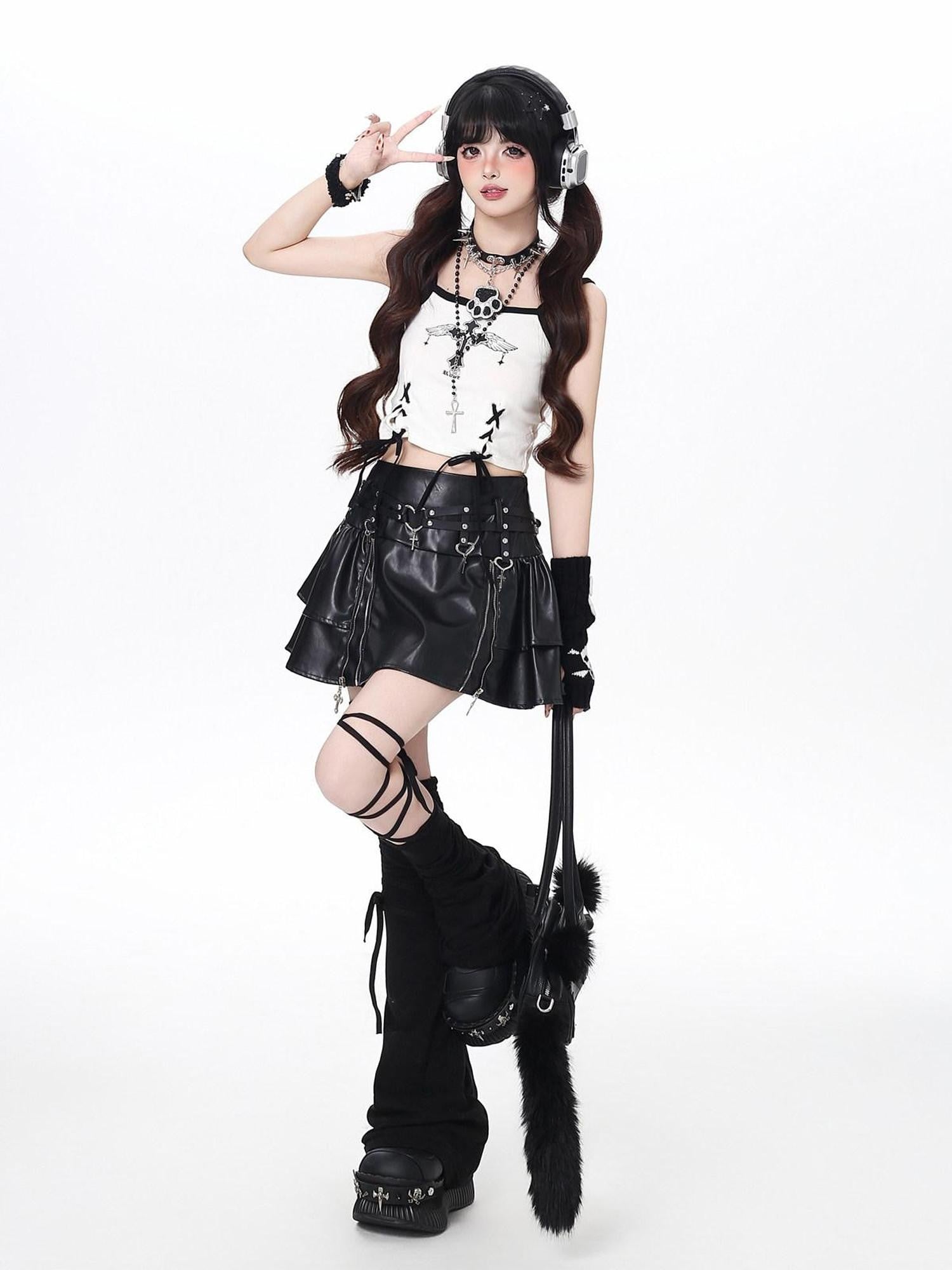CRAZYGIRL Black Y2k Subculture Zippered Cake High Waist Women's Faux Leather Mini Skirts
