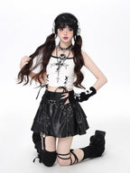 CRAZYGIRL Black Y2k Subculture Zippered Cake High Waist Women's Faux Leather Mini Skirts